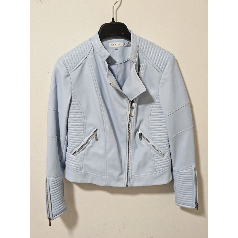Calvin Klein Baby Blue Faux Leather Moto Jacket Quilted Biker Pastel Womens S